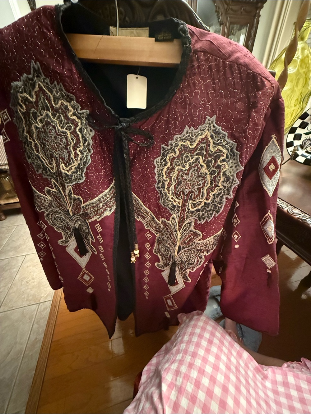Women's Embroidered Maroon Boho Blazer with Tassel Tie